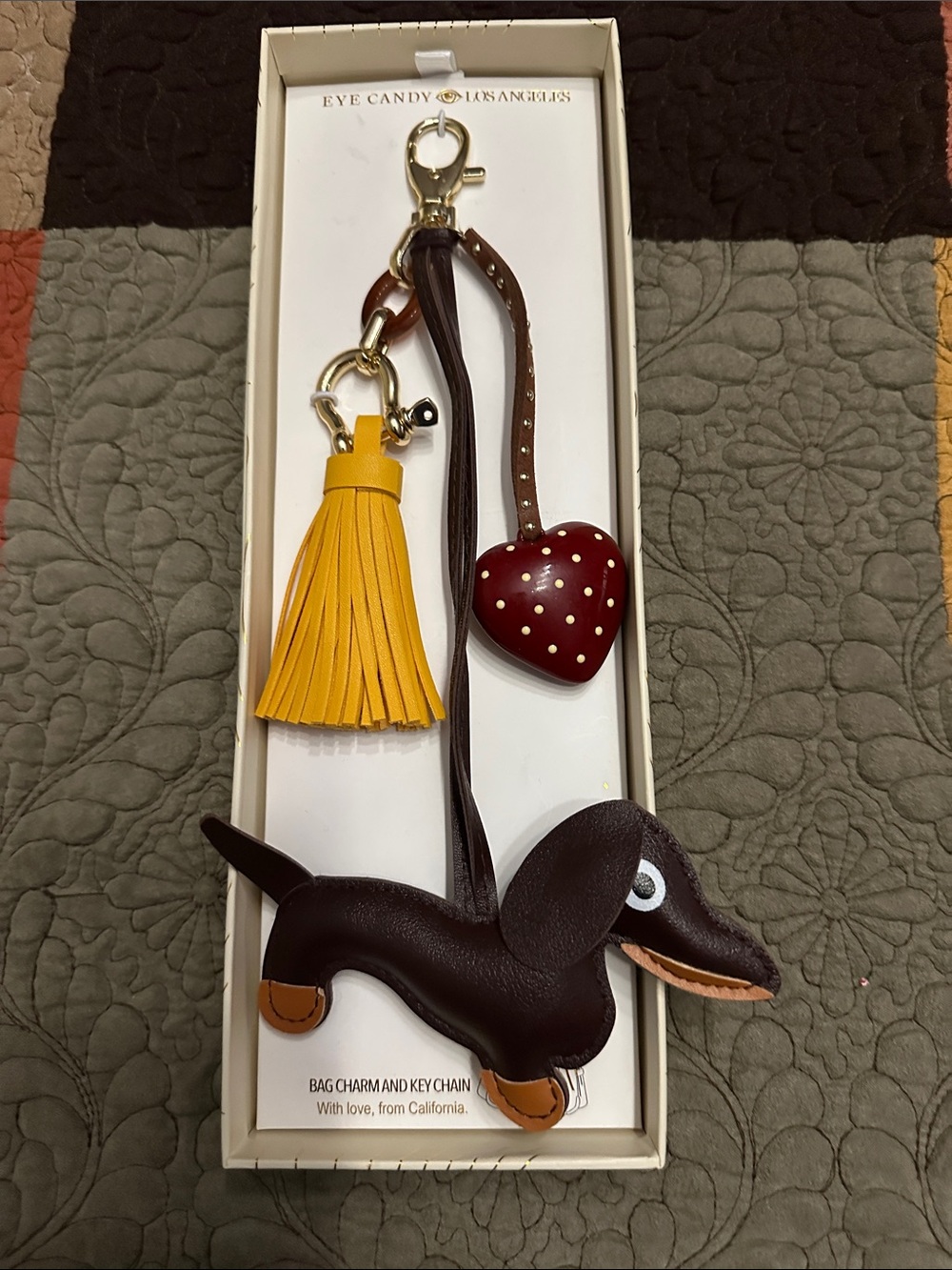 eye candy Yellow Tassel, Brown Dachshund & Red Heart Bag Charm Keychain